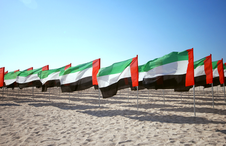 Lot of flags United Arab Emirates for the anniversary celebration on the beach. UAE Natoinal day. Emirates Flag. UAE celebrates National Day on 2nd December every year.の写真素材