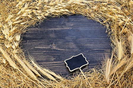 Autumn composition, frame made of dry hay grass spike on dark wooden background with empty copy space. Flat lay, top viewの写真素材