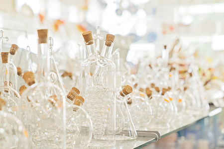 Variety of transparent bottles of kitchen utensils background. Soft and selective focusの写真素材