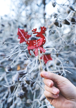 Traditional scandinavian Christmas decorative wooden deer props in male hand on the blue natural background with branches of treeの写真素材