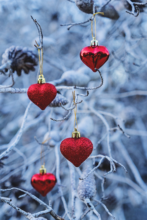 Red glass decorative Christmas heart shape balls on branches of an old tree. Vertical greeting card for the new year and Christmas concept. Selective focus, close upの写真素材