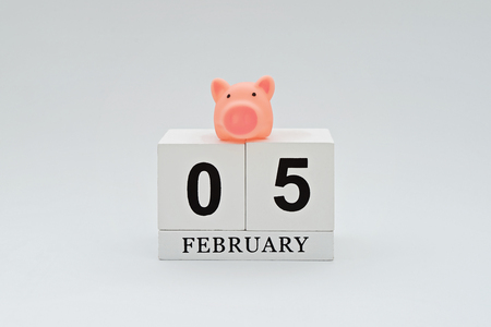 Cute little piggy on white wooden calendar as symbol of 2019. Happy Chinese New Year. 2019 symbol is pig greeting cardの写真素材