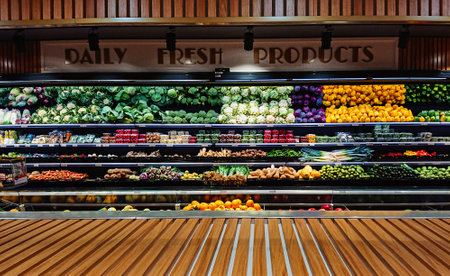 Mosta, Malta - 4 January, 2019: Panoramic view of  vegetable stall counter in supermarket with copy space. Fruits and vegetables on store stand with supermarket grocery store backgroundのeditorial素材