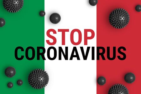 Inscription STOP CORONAVIRUS on Italian flag. Concept of attention about spread of COVID-19 Novel Coronavirus Pneumonia virus around worldの写真素材