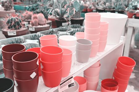 Gardening shop stands with colorful flower pots. Preparation home gardening conceptの写真素材