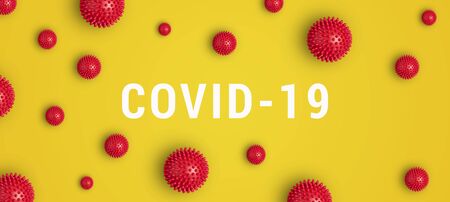 Inscription COVID-19 on yellow background with red and black abstract virus strain model. Spread of coronavirus Covid-19 around world, banner, flat layの写真素材