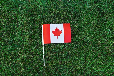 Canadian flag on green grass background. Happy Canada day. 1st July celebrate national holiday of Canada called as Canadas birthdayの写真素材