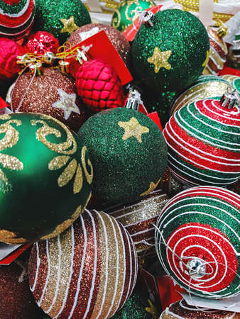 Full frame of various Christmas tree decorations background. Christmas ball pattern textureの写真素材