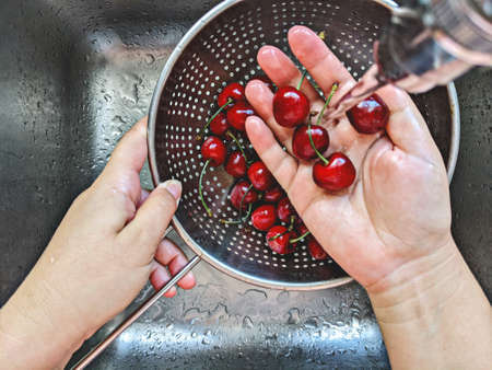 Ripe fresh cherries berry in steel sieve is hand washed under tap water in sinkの写真素材