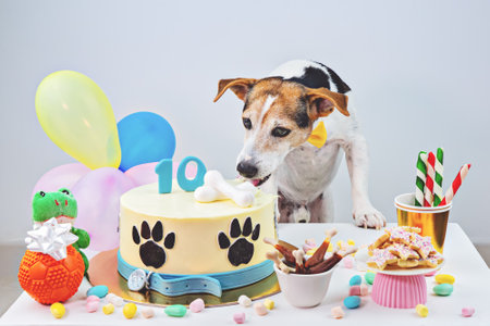 Dog Birthday party Bone day. Birthday cake and cute dog with cupcake and treats to celebrate 10th Birthday. Happy Barkdayの写真素材