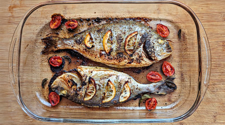 Oven roasted whole dorado fish with lemon slices and cherry tomatoes in glass baking dish on wooden...