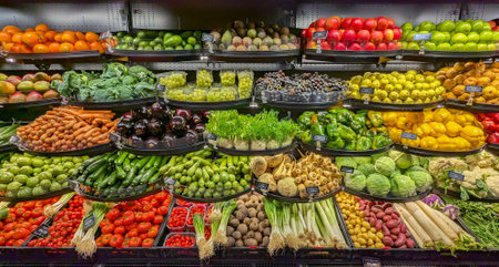 Neatly organized assortment of vibrant fresh fruits and vegetables in grocery store fresh Fruits and Vegetables sectionの写真素材
