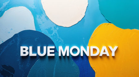Blue Monday text prominently displayed on textured abstract background with shades of blue and yellow, symbolizing mood and creativityの素材