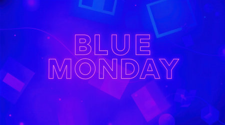 Blue Monday text illuminated in neon pink against vibrant blue and purple abstract gradient background with geometric shapesの素材