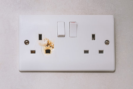 Closeup of burnt British wall outlet with melted edges. Burnt evidence of electrical meltdown, and...