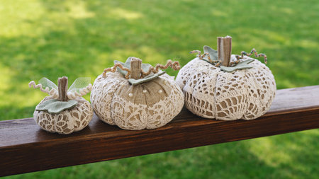 Three handmade lace pumpkins on wooden railing against blurred green lawn, neutral rustic decor in soft daylightの写真素材