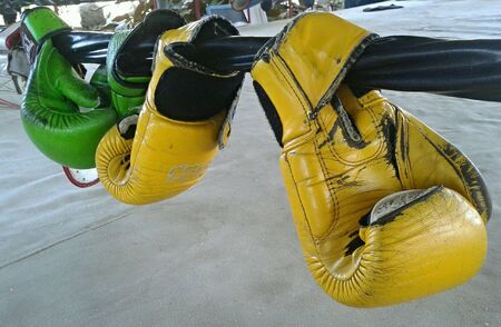 Boxing gloves hanging on ropeの素材