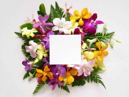 Flat lay colorful orchid flowers frame and copy space card note. Nature concept.の写真素材