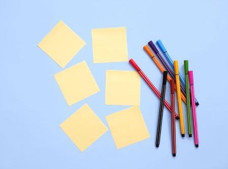 Yellow sticky notes with colorful pen to share idea. Brainstorming concept. Sticky note.の写真素材