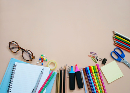 School and office supplies on a desk with copy space. Back to school concept.の写真素材