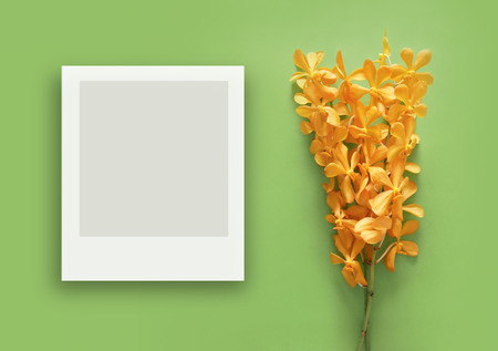 Photo frame mockup with yellow orchid flower on green background.の写真素材
