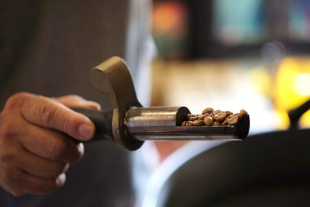 Man hand holding a probe of fresh roasted coffee beans.の写真素材