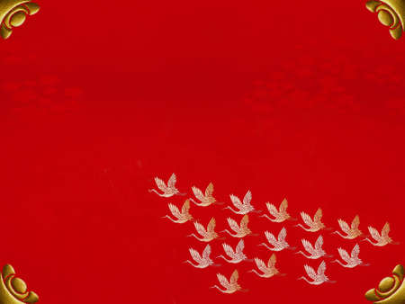 Red color background chinese style with flying flamingo and sakura flower decorationsの写真素材