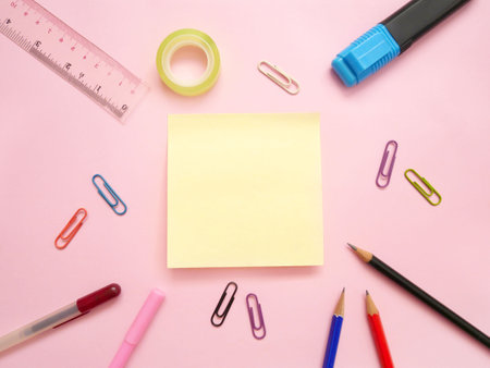 School office supplies on a desk with copy space. Back to school concept.の写真素材