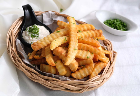 Homemade baked potato fries with sour cream and rosemaryの写真素材