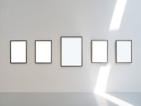 Frame mockup in white room gallery interior backgroundの写真素材