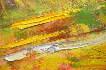 Textured yellow painted background acrylic paint brush strokes, Artwork for creative design.の写真素材