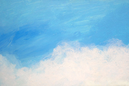 Blue and white acrylic art background with white clouds and blue sky. Hand drawn blue sky oil painting on canvas texture background for flyers, cards, poster, cover or design interior.の写真素材