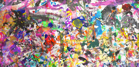 Abstract art banner background with splashes of multicolor paint. Brightly colored paint messy, fun, creative, colorful background for art designの写真素材