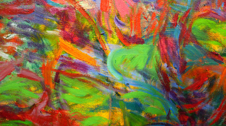 Colorful abstract background of green red and orange paints with brush strokes on canvas texture banner backgroundの写真素材