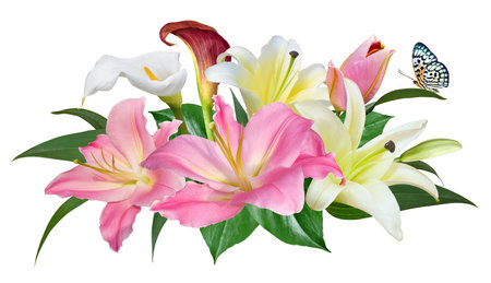Arrangement from pink yellow Lily flowers bouquet isolated on white backgroundの写真素材