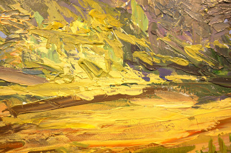Abstract art painting texture yellow, green and brown colors with oil brushstroke, pallet knife paint on canvas backgroundの写真素材