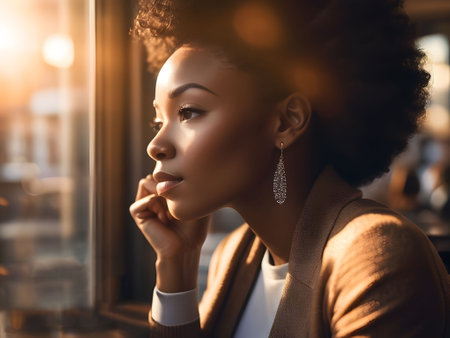 African american business woman sitting indoor in trendy urban cafe, black woman looking through window. Cafe city lifestyleの素材