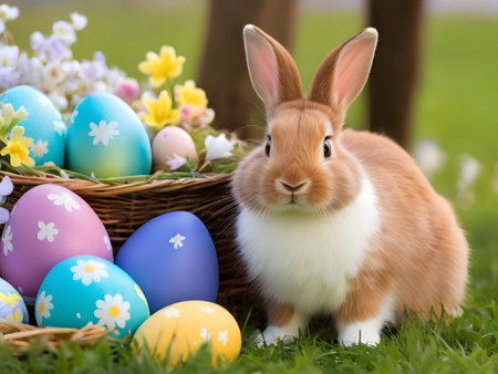 A brown and white domestic rabbit with short fur stands next to a woven basket overflowing with colorful Easter eggs in a grassy field. Sunlight filters through the leaves of trees in the background.by generative ai.の素材
