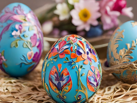 A close-up of several colorful Easter eggs, decorated with floral patterns, sit in a nest of green straw. The eggs have different shades of pink, purple, and blue. by generative ai.の素材