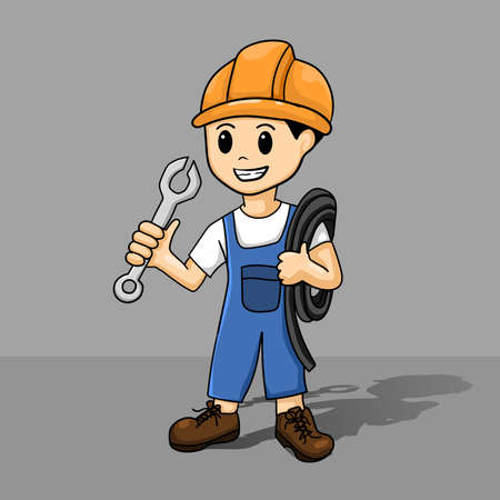 Electrician handyman man handy holding electricians screwdriver tool cartoon construction mascot. Giving a thumbs up.のイラスト素材