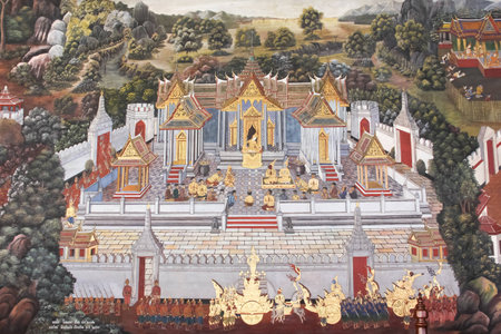 Ancient paintings inside Wat Phra Kaew in Thailandのeditorial素材