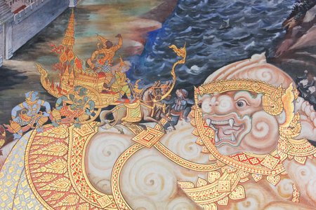 Ancient paintings inside Wat Phra Kaew in Thailandのeditorial素材