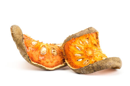 Dried bael fruit on white backgroundの写真素材
