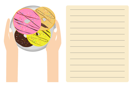 Delicious donuts on plate are holding by hands with text boxのイラスト素材