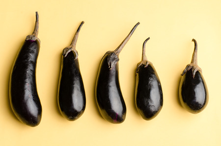 Eggplant on yellow pastel color backgroundの写真素材