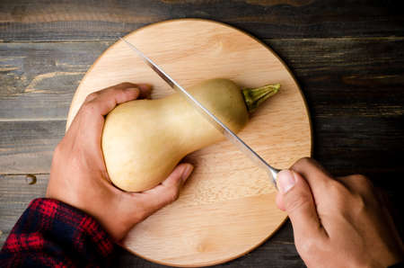 Cutting of butternut squash for cookingの写真素材
