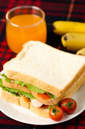 Breakfast,sausage,lettuce and tomatoes sandwich on white plateの写真素材