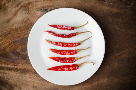 Dried chili on white plateの写真素材