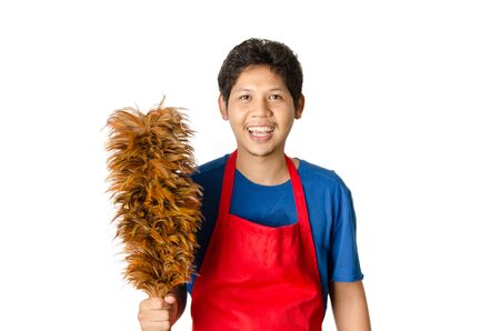 Portrait of househusband prepare to cleaning isolated on white background
