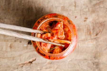 Kimchi cabbage (Korean food) in a jar ready to eatingの写真素材